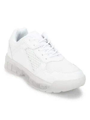 White PU Mesh Cleated Bottom Lace-Up Sneakers