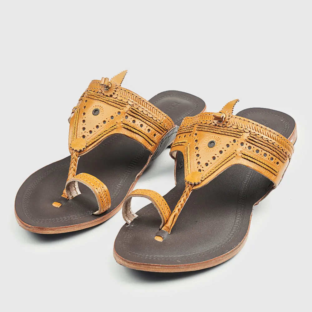 Yellow & Brown Handstitched Leather Kolhapuri Women Slipper