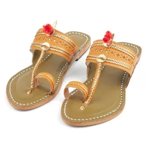 Yellow & Lime Green Handstitched Leather Kolhapuri Women Slipper