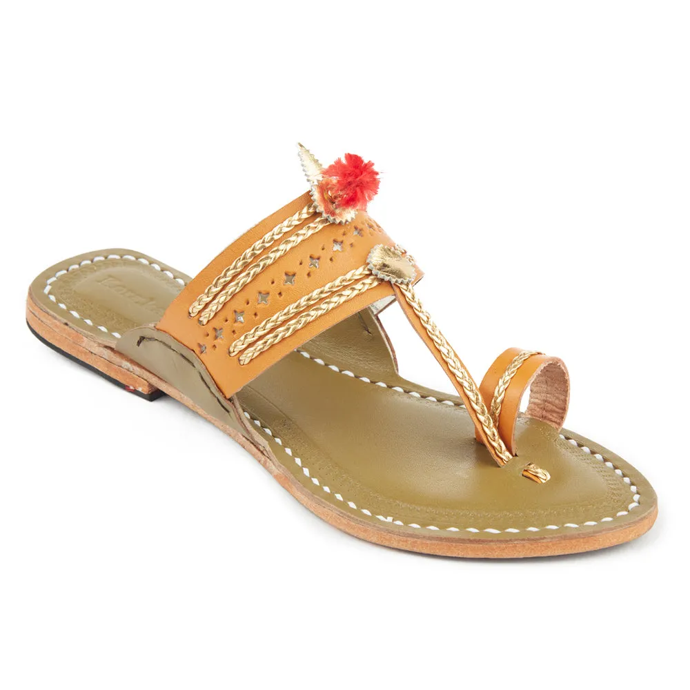 Yellow & Lime Green Handstitched Leather Kolhapuri Women Slipper