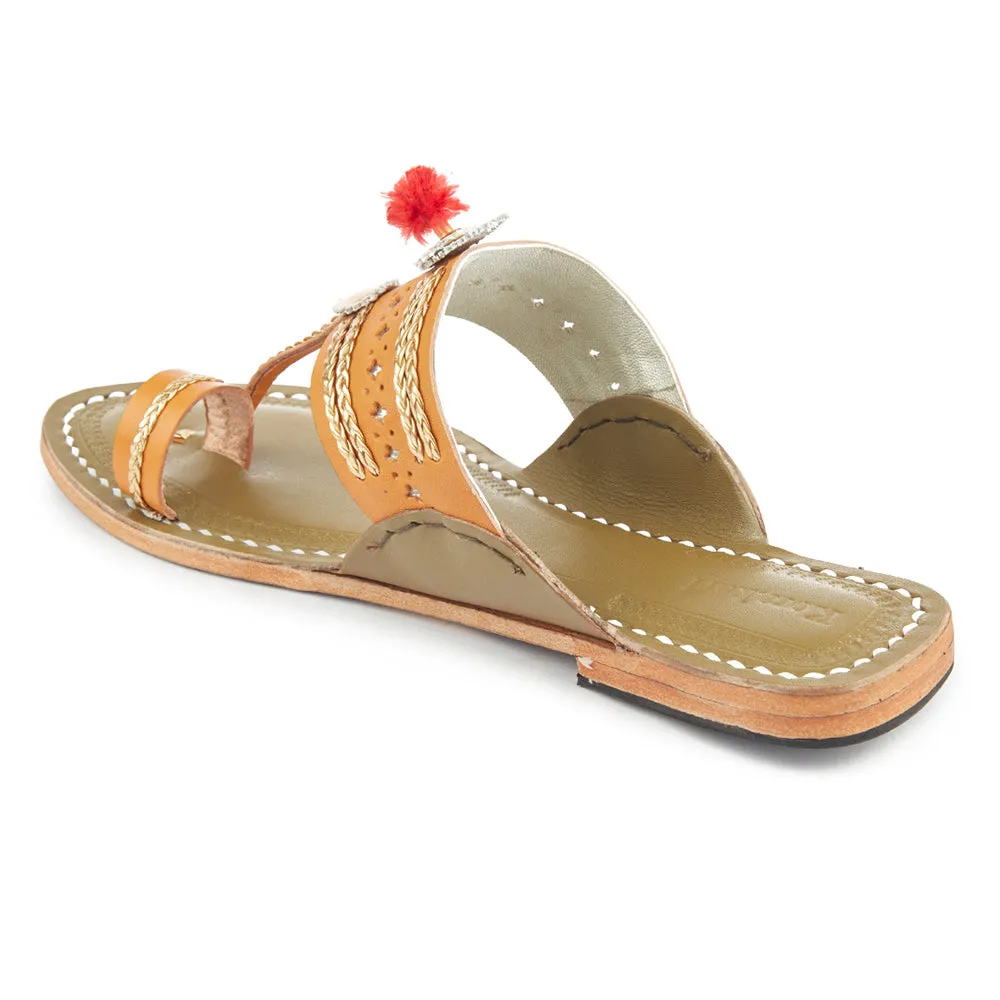 Yellow & Lime Green Handstitched Leather Kolhapuri Women Slipper